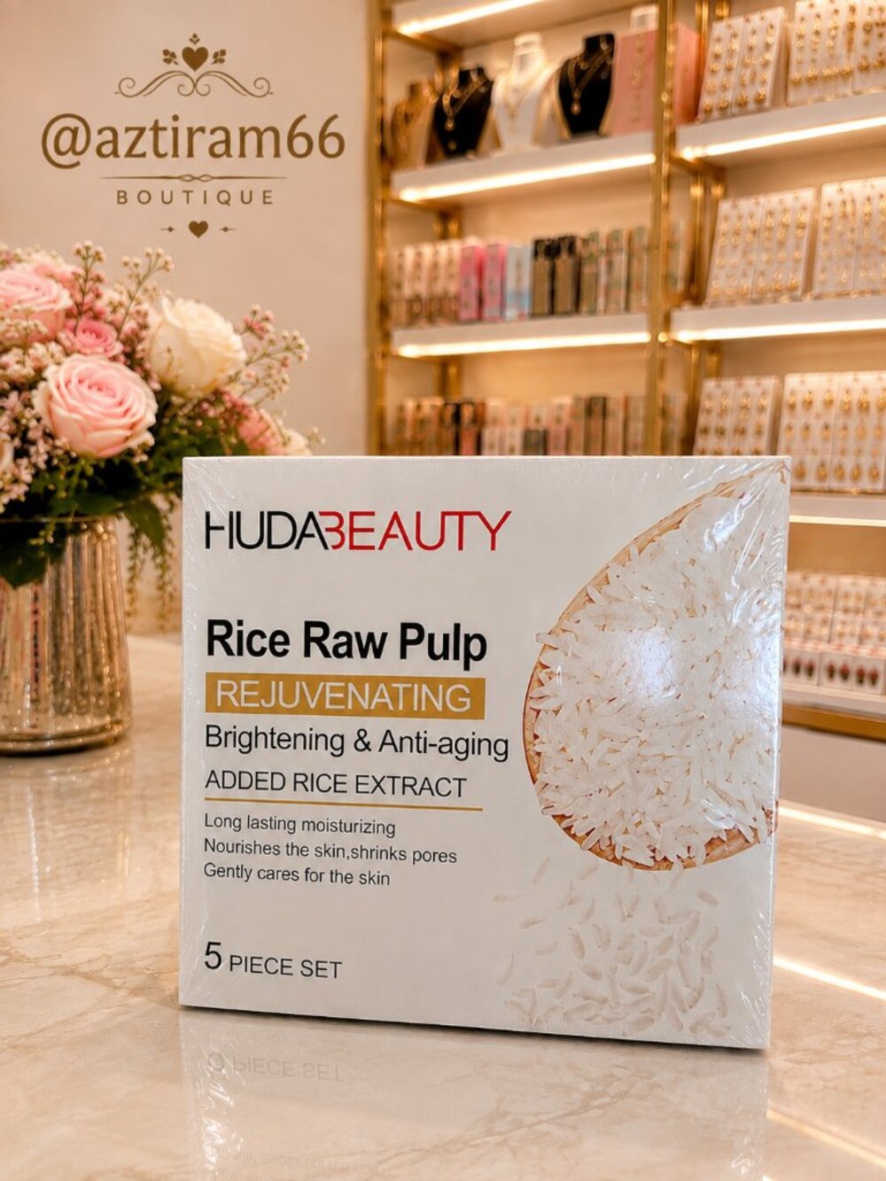 HUDA BEAUTY Rice Raw Pulp Rejuvenating Skincare 5pcs Set